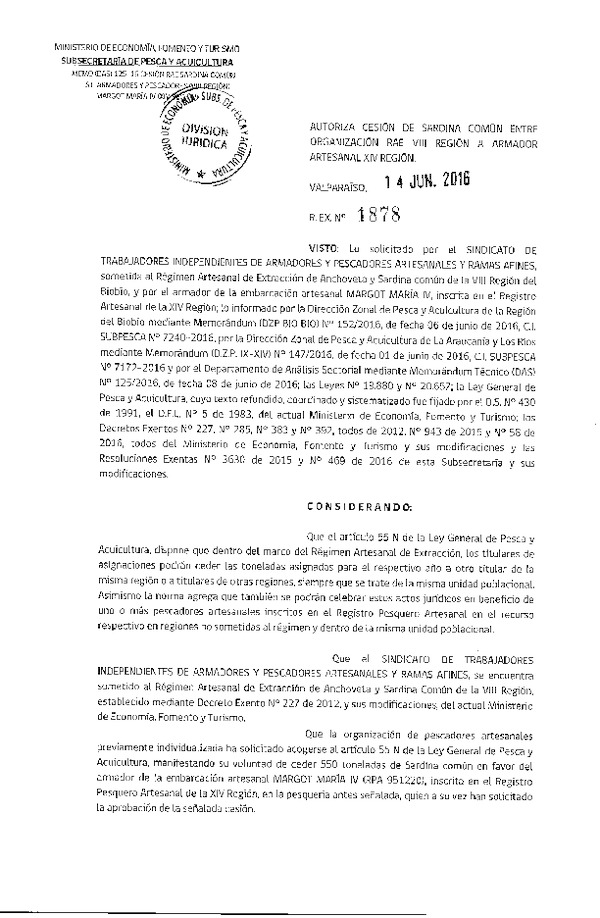 Res. Ex. N° 1878-2016 Autoriza cesión Sardina común VIII a XIV Región.