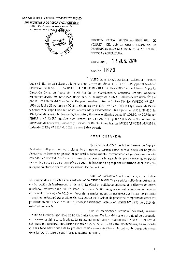 Res. Ex. N° 1879-2016 Autoriza cesión Merluza del sur XII Región.