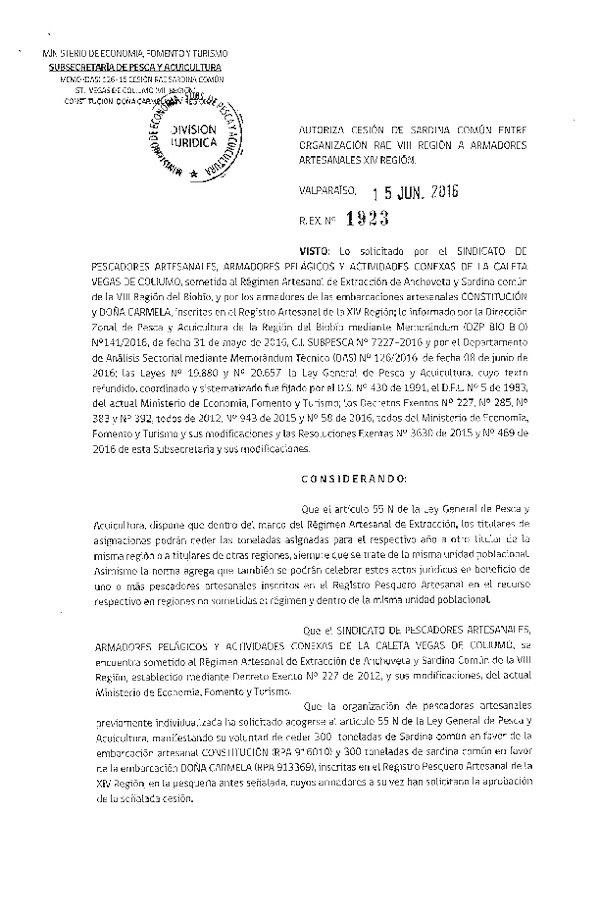 Res. Ex. N° 1923-2016 Autoriza cesión Sardina común VIII a XIV Región.