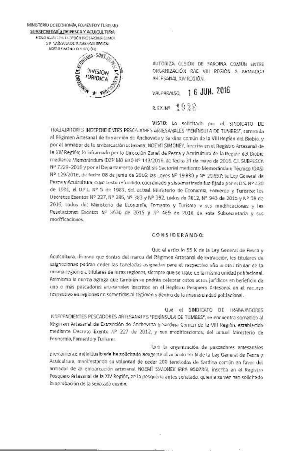 Res. Ex. N° 1929-2016 Autoriza cesión Sardina común VIII a XIV Región.