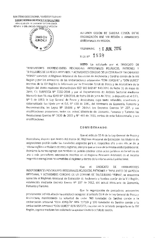 Res. Ex. N° 1930-2016 Autoriza cesión Sardina común VIII a XIV Región.