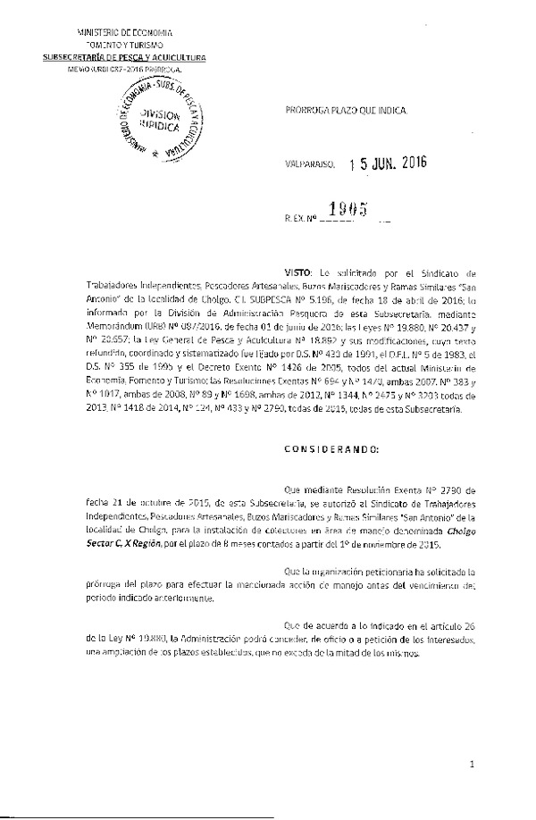 Res. Ex. N° 1905-2016 PRORROGA INSTALACIÓN DE COLECTORES.
