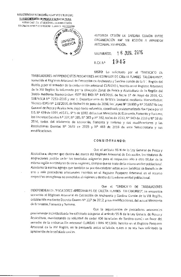 Res. Ex. N° 1945-2016 Autoriza cesión Sardina común VIII a XIV Región.