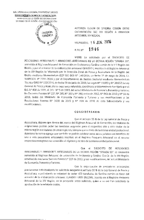 Res. Ex. N° 1946-2016 Autoriza cesión Sardina común VIII a XIV Región.