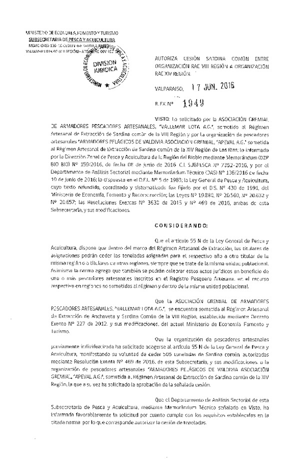 Res. Ex. N° 1949-2016 Autoriza cesión Sardina común VIII a XIV Región.