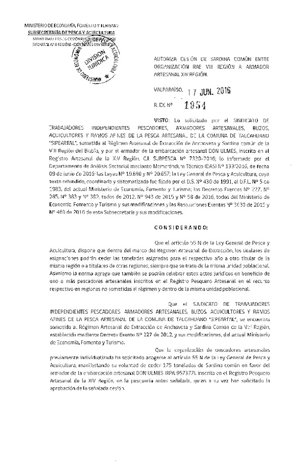 Res. Ex. N° 1954-2016 Autoriza cesión Sardina común VIII a XIV Región.