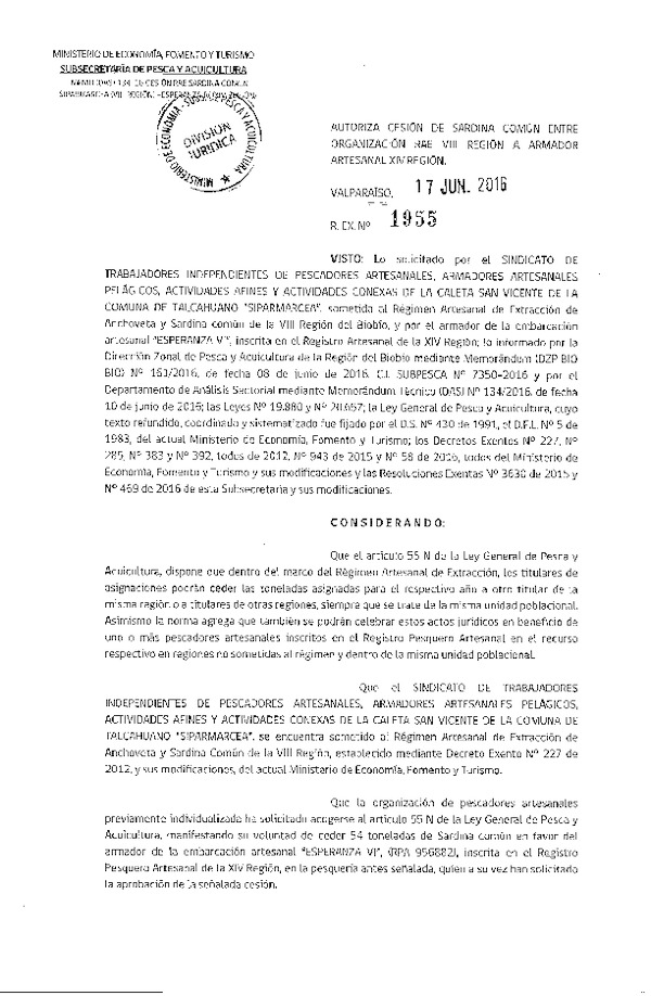 Res. Ex. N° 1955-2016 Autoriza cesión Sardina común VIII a XIV Región.