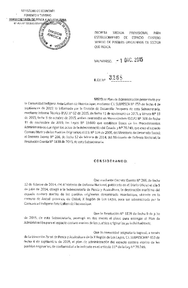 Res. Ex. N° 3268-2015 Decreta Medida Provisional para Establecimiento de Espacio Costero Marino de Los Pueblos Originarios Huentetique, X Región de Los Lagos.