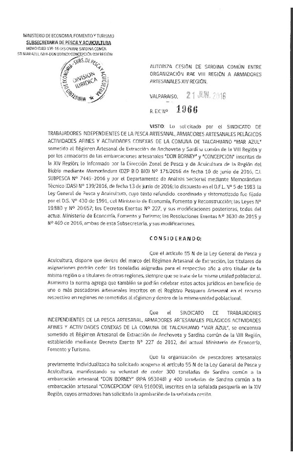 Res. Ex. N° 1966-2016 Autoriza cesión Sardina común VIII a XIV Región.