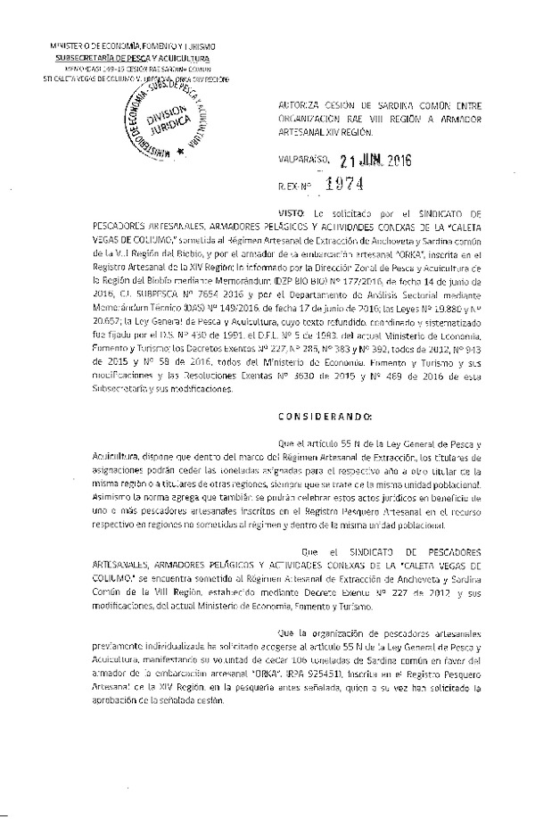 Res. Ex. N° 1974-2016 Autoriza cesión Sardina común VIII a XIV Región.