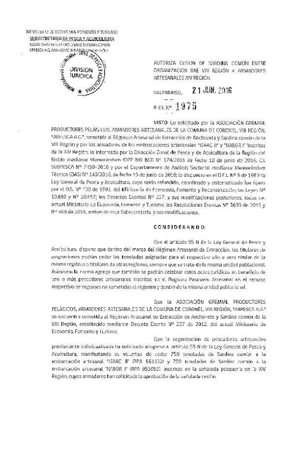 Res. Ex. N° 1975-2016 Autoriza cesión Sardina común VIII a XIV Región.