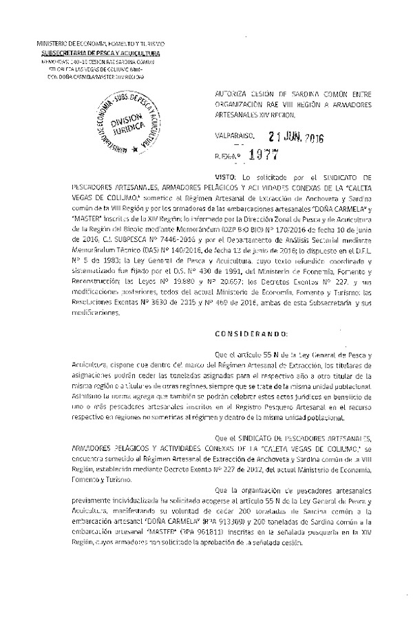  Res. Ex. N° 1977-2016 Autoriza cesión Sardina común VIII a XIV Región.