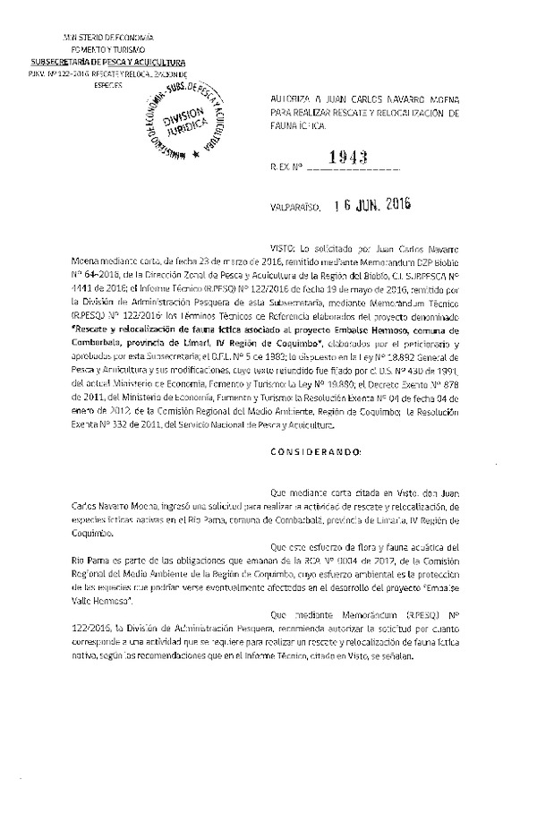 Res. Ex. N° 1943-2016 Rescate y relocalización fuana íctica IV Región.