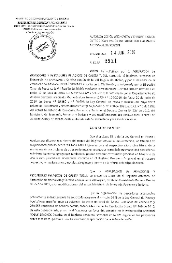 Res. Ex. N° 2021-2016 Autoriza cesión Anchoveta y sardina común, VIII a XIV Región.