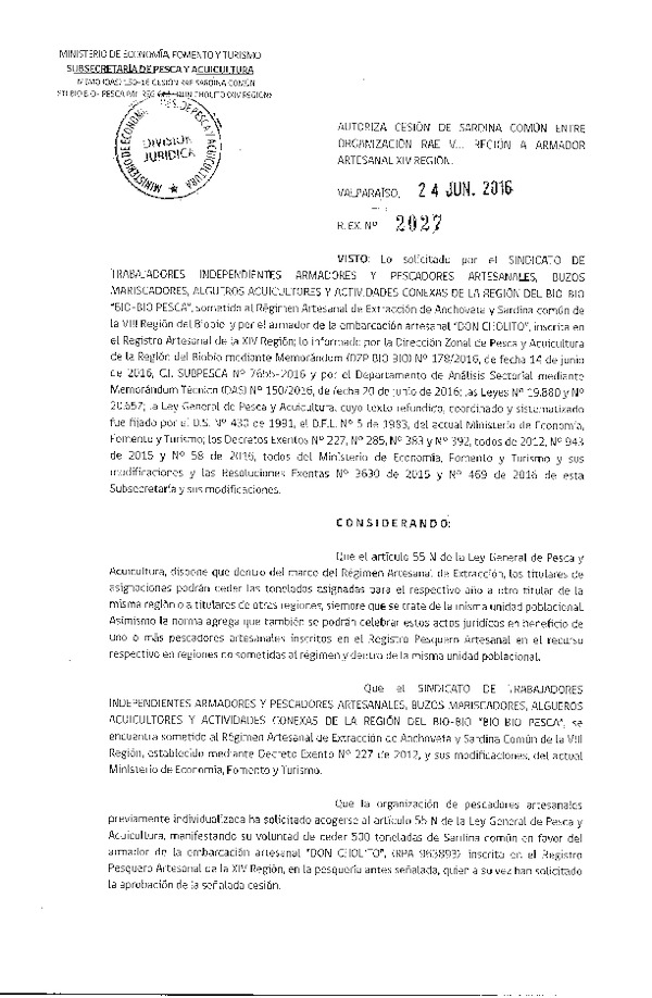 Res. Ex. N° 2027-2016 Autoriza cesión Sardina común VIII a XIV Región.