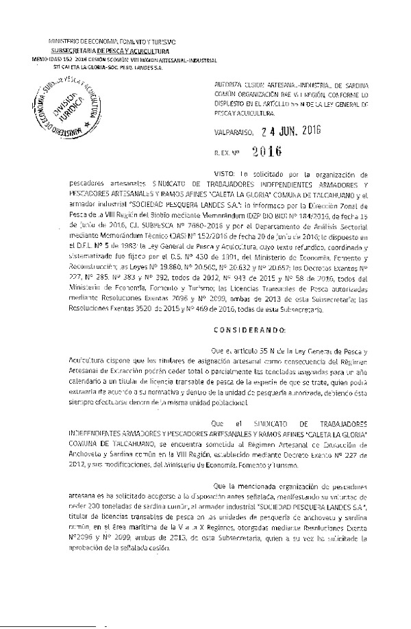 Res. Ex. N° 2016-2016 Autoriza cesión sardina común, VIII Región