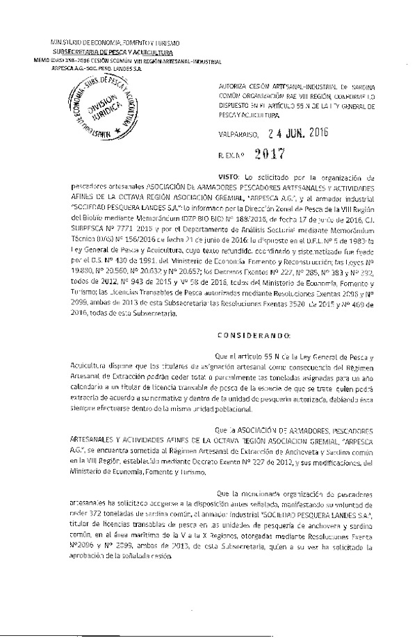 Res. Ex. N° 2017-2016 Autoriza cesión sardina común, VIII Región