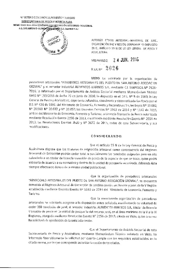 Res. Ex. N° 2026-2016 Autoriza Cesión Jurel V Región.