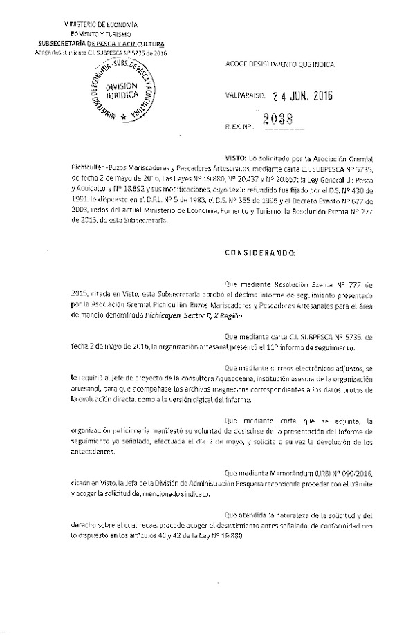 Res. Ex. N° 2038-2016 ACOGE DESISTIMIENTO.