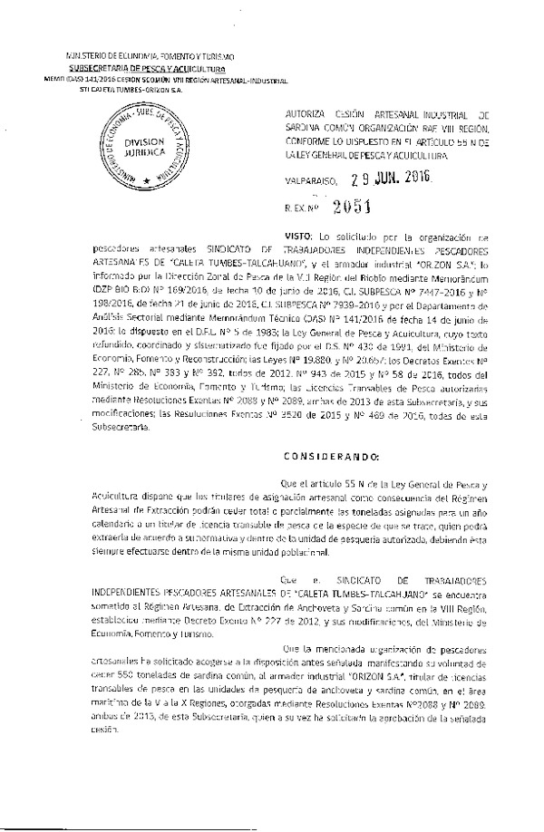 Res. Ex. N° 2051-2016 Autoriza cesión sardina común, VIII Región.