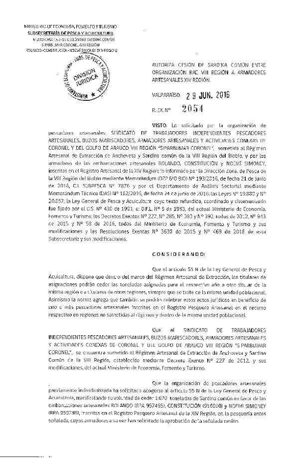 Res. Ex. N° 2054-2016 Autoriza cesión Sardina común VIII a XIV Región.