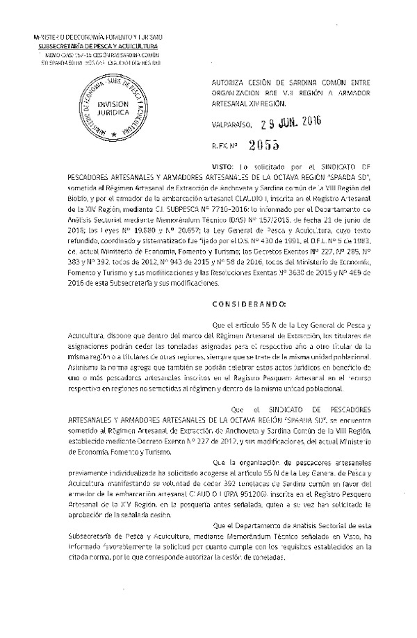 Res. Ex. N° 2055-2016 Autoriza cesión Sardina común VIII a XIV Región.