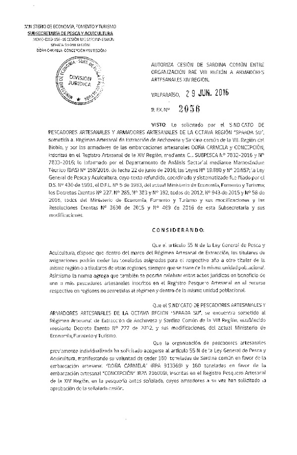 Res. Ex. N° 2056-2016 Autoriza cesión Sardina común VIII a XIV Región.