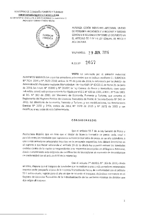 Res. Ex. N° 2057-2016 Autoriza cesión Anchoveta V Región.