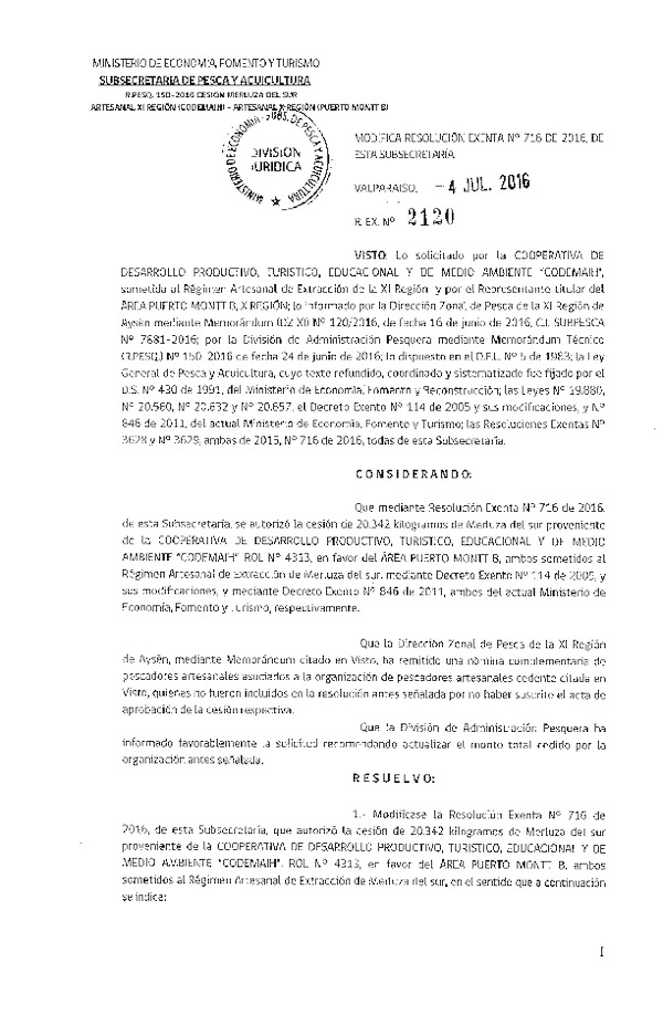Res. Ex. N° 2120-2016 Modifica Res. Ex. N° 716-2016 Autotiza Cesión Merluza del sur XI-X Región.