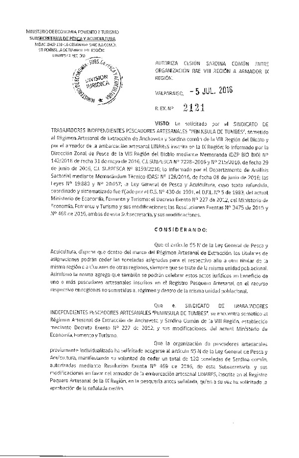 Res. Ex. N° 2121-2016 Autoriza cesión Sardina común VIII a IX Región.