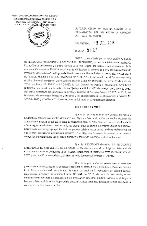 Res. Ex. N° 2123-2016 Autoriza cesión Sardina común VIII a XIV Región.