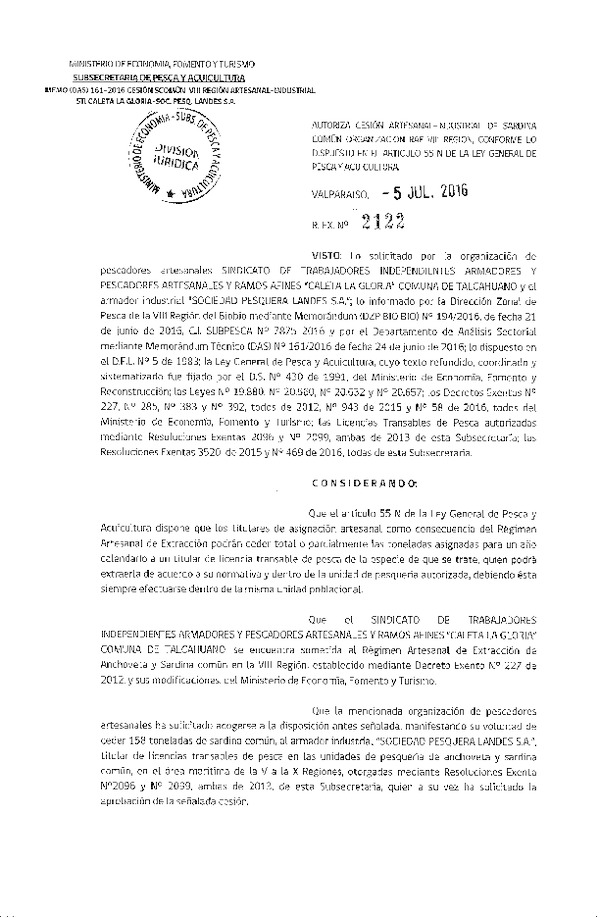 Res. Ex. N° 2122-2016 Autoriza cesión sardina común, VIII Región.