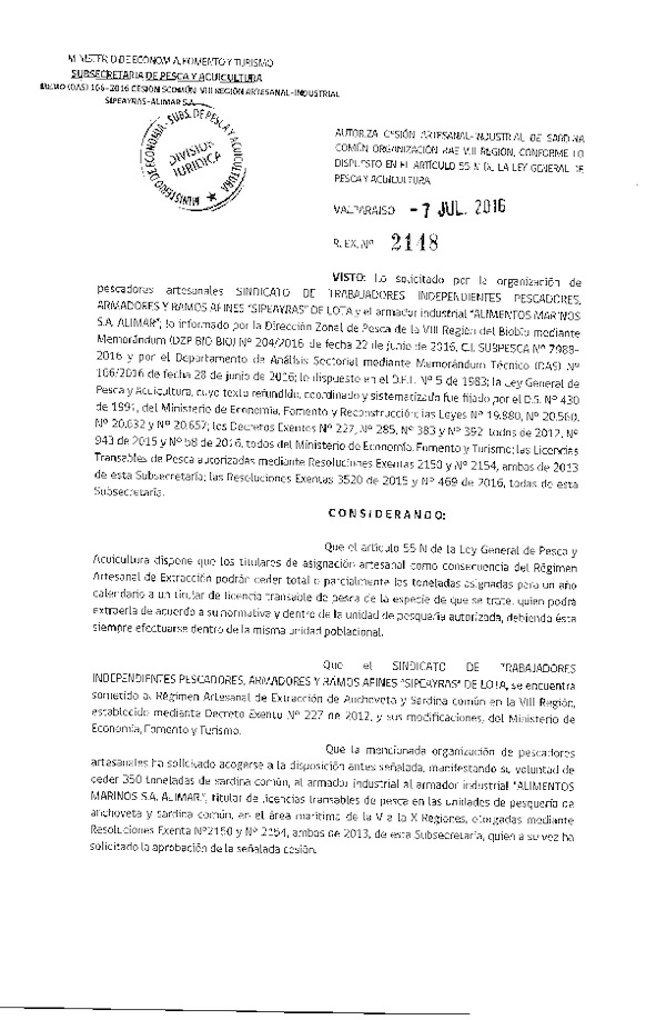 Res. Ex. N° 2148-2016 Autoriza cesión sardina común, VIII Región.