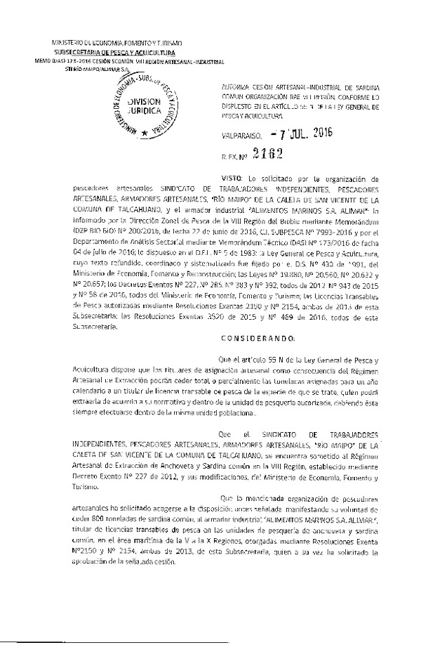Res. Ex. N° 2162-2016 Autoriza cesión sardina común, VIII Región.