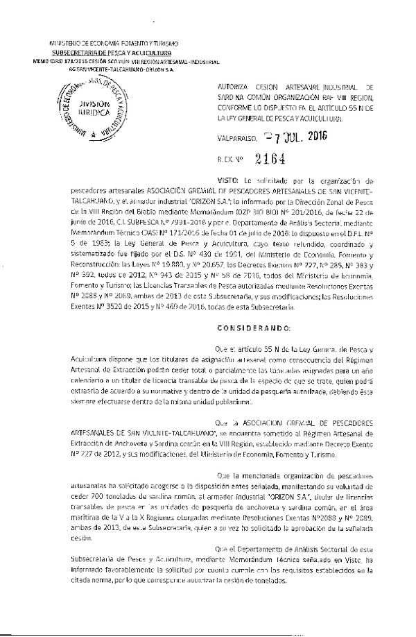 Res. Ex. N° 2164-2016 Autoriza cesión sardina común, VIII Región.