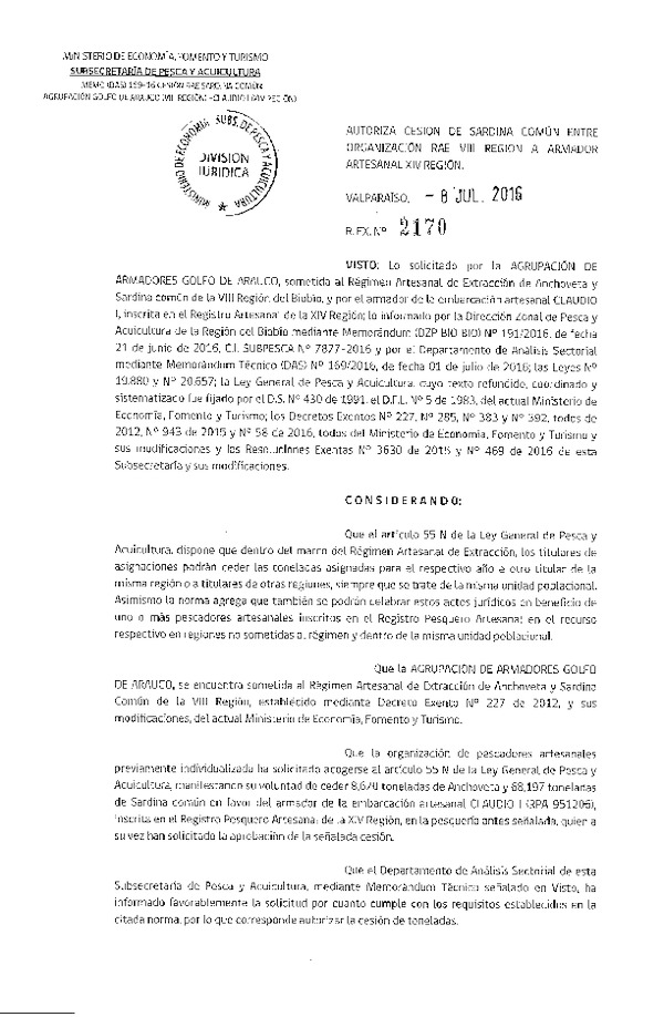 Res. Ex. N° 2170-2016 Autoriza cesión Sardina común VIII a XIV Región.