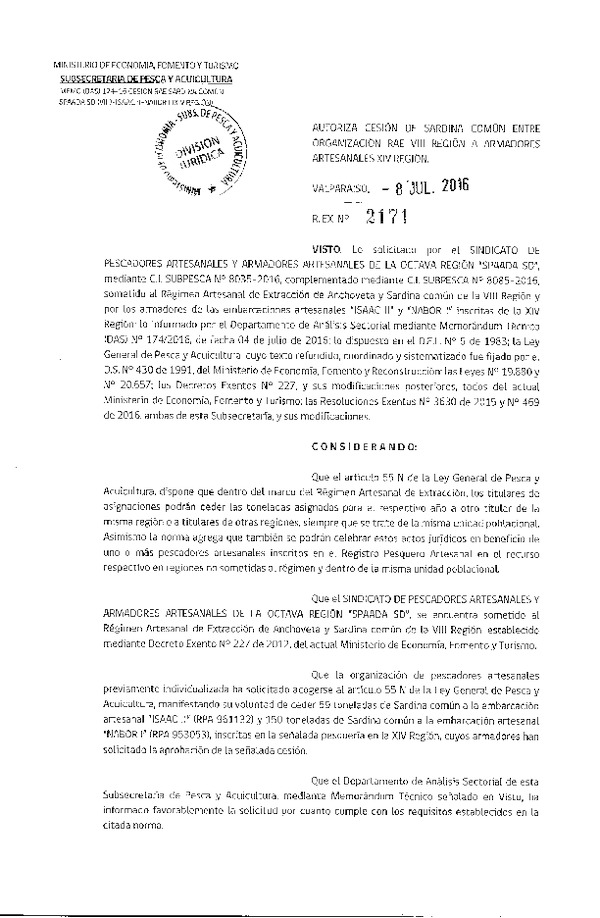 Res. Ex. N° 2171-2016 Autoriza cesión Sardina común VIII a XIV Región.