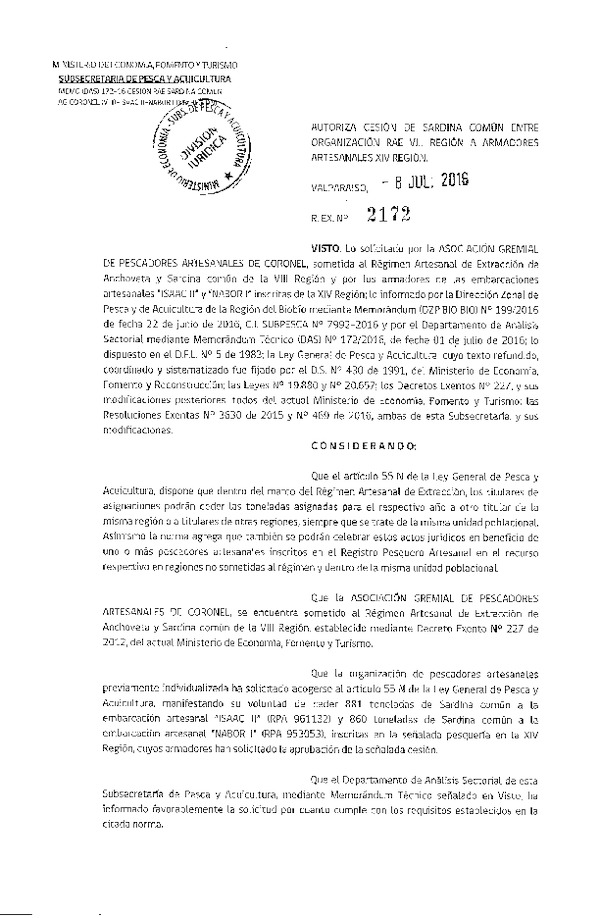 Res. Ex. N° 2172-2016 Autoriza cesión Sardina común VIII a XIV Región.