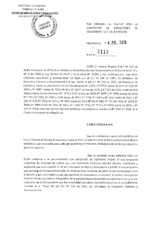 Res. Ex. N° 2113-2016 Fija densidad de cultivo para la Agrupación de concesión de Salmonidos 12 C, X Región. (F.D.O. 11-07-2016)