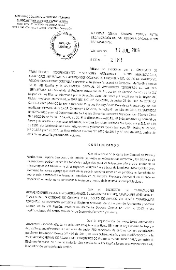 Res. Ex. N° 2181-2016 Autoriza cesión Sardina común VIII a XIV Región.