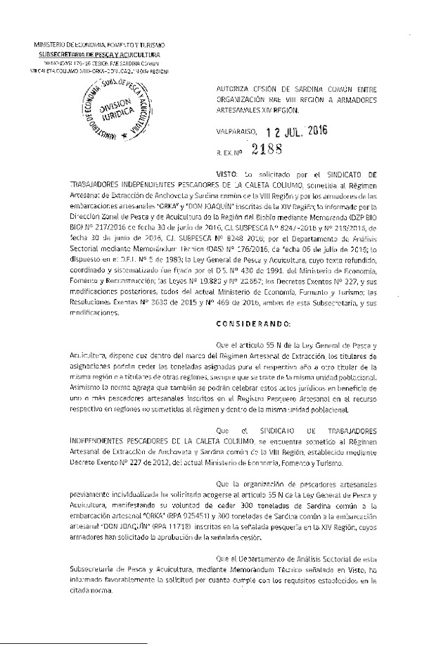 Res. Ex. N° 2188-2016 Autoriza cesión Sardina común VIII a XIV Región.