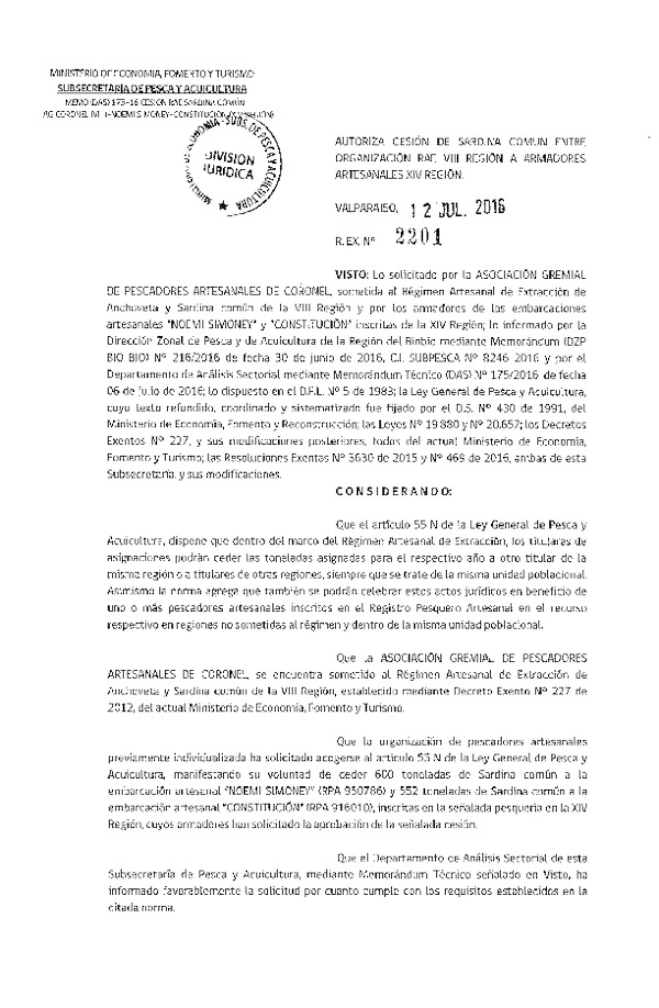 Res. Ex. N° 2201-2016 Autoriza cesión Sardina Común VIII a XIV Región.