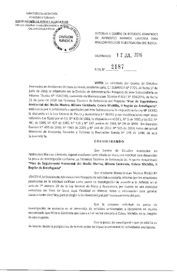 Res. Ex. N° 2187-2016 Plan de seguimiento ambiental de medio marino, Caleta Michilla, II Región.