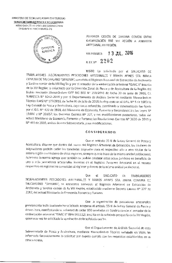 Res. Ex. N° 2202-2016 Autoriza Cesión Sardina Común VIII a XIV Región.