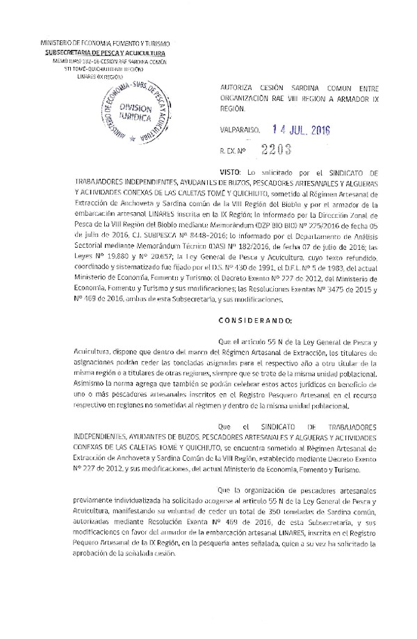 Res. Ex. N° 2203-2016 Autoriza Cesión Sardina Común VIII a XIV Región.