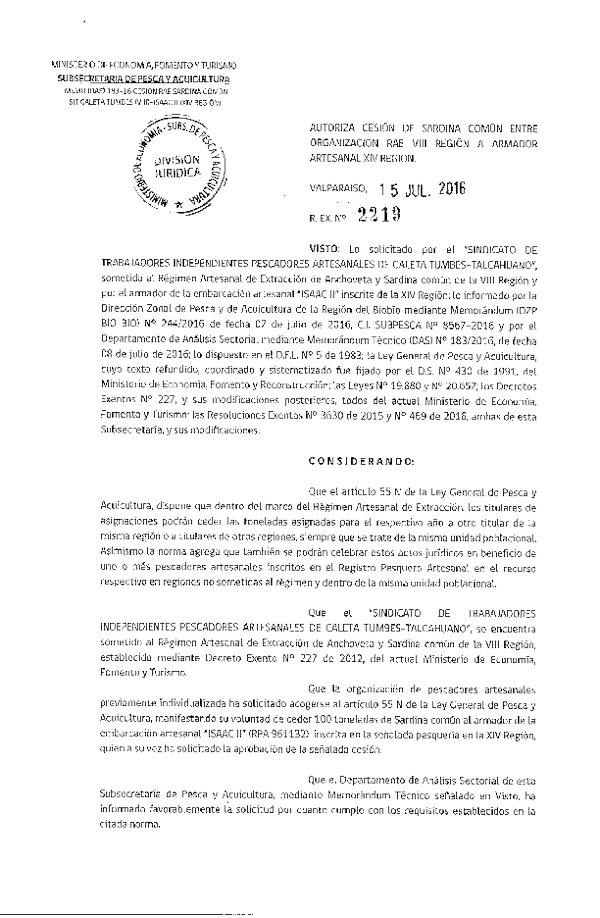 Res. Ex. N° 2219-2016 Autoriza Cesión Sardina Común VIII a XIV Región.