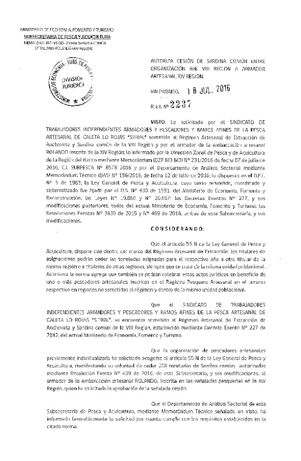 Res. Ex. N° 2237-2016 Autoriza Cesión Sardina Común VIII a XIV Región.