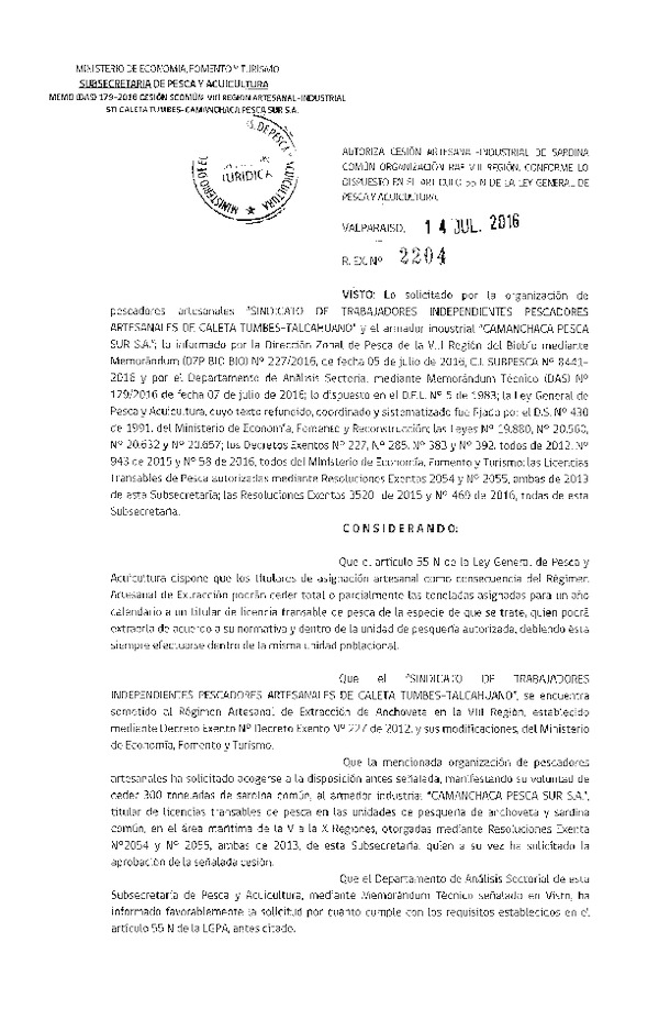 Res. Ex. N° 2204-2016 Autoriza cesión sardina común, VIII Región.