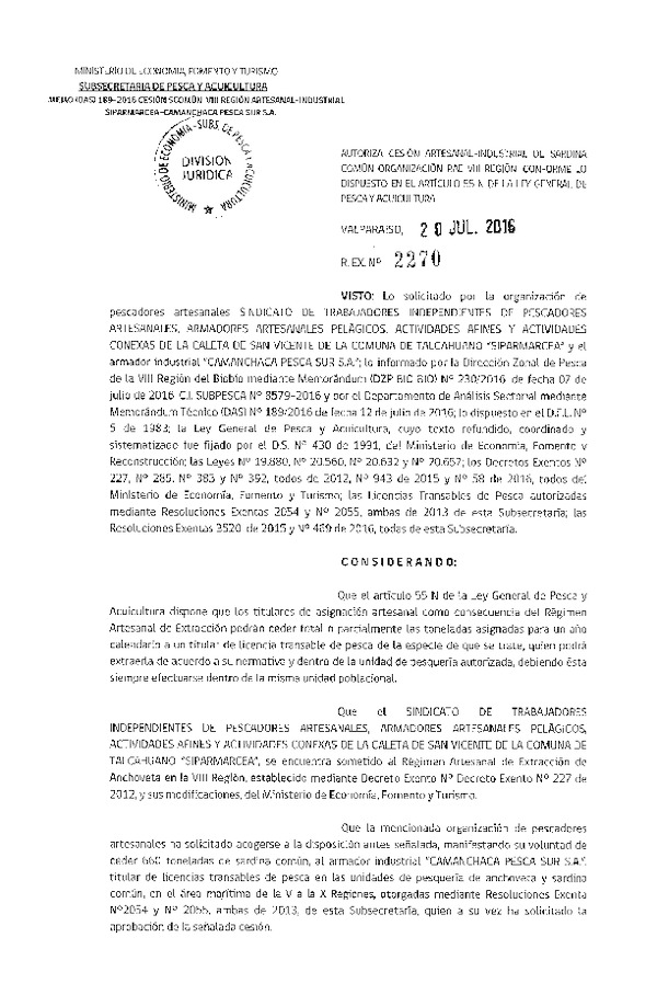 Res. Ex. N° 2270-2016 Autoriza cesión sardina común, VIII Región.