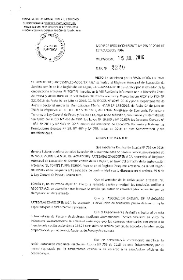 Res. Ex. N° 2220-2016 Modifica Res. Ex. N° 756-2016 Autoriza Cesión Sardina común X Región.